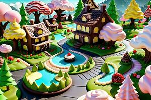 Stunning fantasy world made of cookies and cakes. Generative Ai photo