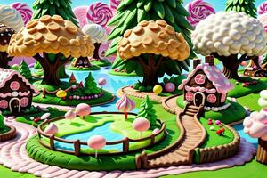 Stunning fantasy world made of cookies and cakes. Generative Ai photo