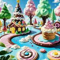 Stunning fantasy world made of cookies and cakes. Generative Ai photo