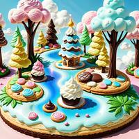 Stunning fantasy world made of cookies and cakes. Generative Ai photo