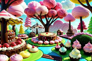 Stunning fantasy world made of cookies and cakes. Generative Ai photo