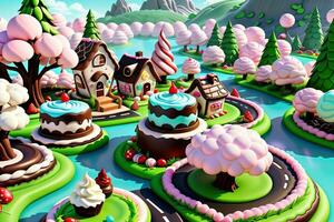 Stunning fantasy world made of cookies and cakes. Generative Ai photo