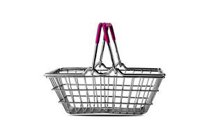 An empty shopping basket, made of chromed metal wire with a crimson rubber handle, on a white background. Isolate. Side view. Black Friday sales. photo