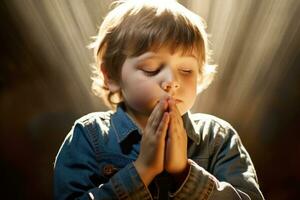 Little boy prays with folded hands. Generative AI photo