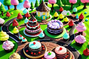 Stunning fantasy world made of cookies and cakes. Generative Ai photo