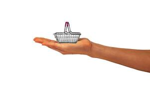 Empty shopping basket, made of chromed metal wire with a crimson rubber handle,  on woman's hand on a white background. Isolate. Side view. Black Friday sales photo