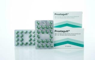 CHONBURI, THAILAND-OCTOBER 8, 2023 Prostagutt manufactured by Catalent Germany Eberbach GmbH. Saw Palmetto and Nettle extract capsule pill for Benign Prostatic Hyperplasia treatment. Wellness in BPH. photo