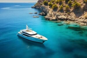 a luxury yacht anchored in the crystal clear water Generative AI photo