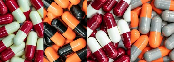 Full frame colorful antibiotic capsule pills. Pharmacy banner. Prescription drug. Antibiotic drug resistance. Pharmaceutical industry. Pharmacology. Health and medical care concept. Antibiotic drugs. photo