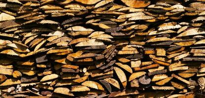 Creative background of neatly stacked firewood. Brown texture of natural wood. Detail, close. Background of cut logs photo