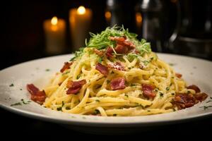 un delicioso plato de pasta carbonara generativo ai foto