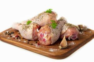 Raw chicken drumstick on a wooden cutting board, spices for cooking chicken drumsticks, parsley, pepper and salt, suneli hops. Isolate. Side view photo