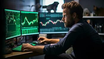 A male trader is monitoring a chart Generative AI photo