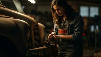 female mechanic repairing a vintage car Generative AI photo