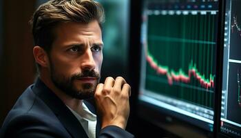 A male trader is monitoring a chart Generative AI photo