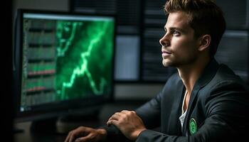 A male trader is monitoring a chart Generative AI photo