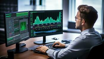 A male trader is monitoring a chart Generative AI photo