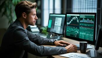 A male trader is monitoring a chart Generative AI photo