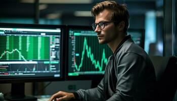 A male trader is monitoring a chart Generative AI photo