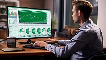 A male trader is monitoring a chart Generative AI photo