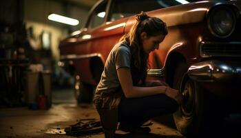 hembra mecánico reparando un Clásico coche generativo ai foto