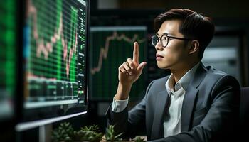 A male trader is monitoring a chart Generative AI photo