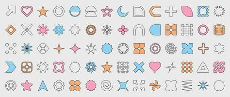 Set of outline abstract geometric shapes and forms. Brutal contemporary figures, stars, flowers and other primitive elements. Trendy vector Y2K signs and symbols big set in color and outline.