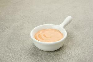 Bowl of tasty mayonnaise, copy space photo