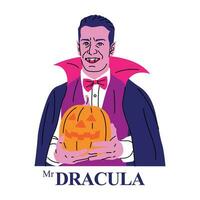 SCARY DRACULA IS HOLDING A PUMPKIN FLAT DESIGN VECTOR