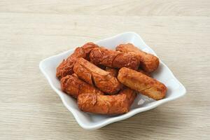A plate of fried sausages on white plate photo