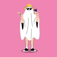 FUNNY HALLOWEEN GHOST COSTUME DOING SELFIE vector