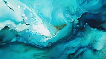 AI Generated Marble art painting blue and teal abstract liquid paint pattern. Marbling wallpaper design with natural luxury style swirls. photo