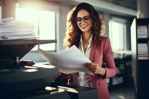 Office worker prints paper on multifunction laser printer. Document and paperwork concept. Secretary work. Smiling woman working in business office. Copy, print, scan, and fax machine. Generative AI. photo