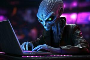 Gray humanoid alien gamer playing online computer video game. Neon lights. Alien extraterrestrial gamer playing video game on laptop. Monster hacker attack phishing government data. Generative AI. photo