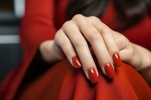 glamour mujer mano con clásico rojo uña polaco en su uñas rojo uña manicura con gel polaco a lujo belleza salón. uña Arte y diseño. hembra mano modelo. francés manicura. generativo ai. foto