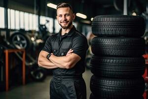 Portrait of smiling professional mechanic and new car tyre at auto repair shop. Technician man at auto repair service center. Changing tire shop. Repair or maintenance auto service. Generative AI. photo