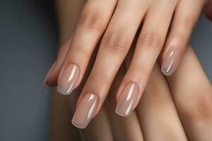 Glamour woman hand with nude nail polish on her fingernails. Nude shade nail manicure with gel polish at luxury beauty salon. Nail art and design. Female hand model. French manicure. Generative AI. photo
