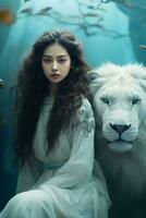 Portrait of a beautiful Chinese woman in traditional Hanfu clothing style and white lion. Attractive young Asian woman with long curly hair. Lady with ancient Chinese art fashion style. Generative AI. photo