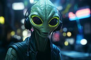 Portrait of alien gamer. Green humanoid alien gamer playing online computer video game. Neon lights. Alien extraterrestrial gamer. Alien technology concept. E-sport online gaming. Generative AI. photo