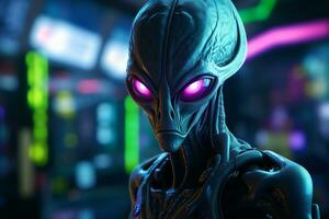 Gray alien with a neon lit face in a spaceship. Humanoid creature. Closeup gray monster alien. Extraterrestrial character. Extraterrestrial technology. Futuristic science fiction. Generative AI. photo