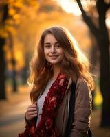 sonriente joven mujer disfrutando naturaleza. casual día en parque. ciudad parque serenidad. urbano ocio con contento joven mujer en al aire libre naturaleza. belleza mujer disfrutando su hora fuera de en parque. generativo ai. foto