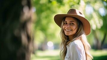 Smiling young woman enjoying nature. Casual day in park. City park serenity. Urban leisure with happy young woman in outdoor nature. Beauty woman enjoying her time outside in park. Generative AI. photo