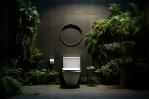 Eco-friendly modern restroom with lush greenery. Clean and green restroom interior. Contemporary WC oasis. Nature-inspired restroom design. Toilet decor. Elegant restroom environment. Generative AI. photo