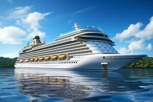 Luxury cruise ship in ocean sea. Cruise vacation getaway. Aerial view of cruise ship. Aboard liner in Mediterranean. Luxury liner. Luxury tourism travel on holiday with summer sky. Generative AI. photo