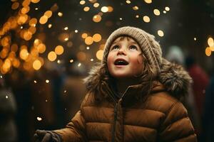 Child in winter holiday event on festive lights background. Kid wear sweater and hat looking up and stands in wonder before a lit huge Christmas tree under the night sky. Magic moment. Generative AI. photo