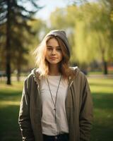 Smiling young woman enjoying nature. Casual day in park. City park serenity. Urban leisure with happy young woman in outdoor nature. Beauty woman enjoying her time outside in park. Generative AI. photo