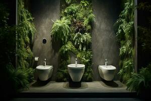 Eco-friendly modern restroom with lush greenery. Clean and green restroom interior. Contemporary WC oasis. Nature-inspired restroom design. Toilet decor. Luxury restroom environment. Generative AI. photo