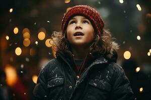 Child in winter holiday event on festive lights background. Kid wear sweater and hat looking up and stands in wonder before a lit huge Christmas tree under the night sky. Magic moment. Generative AI. photo