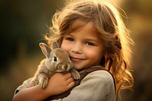 Heartwarming relationship between girl and her beloved pet bunny. Cute animal. Moments of tenderness. Girl and her bunny rabbit share moments of love and joy. Furry rabbit companion. Generative AI. photo