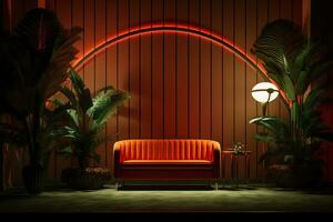 Art Deco interior design with orange sofa, lamp, and lush greenery. Bright lighting and complementary colors in art deco home decor. Art Deco interior with plant. Stylish retro living. Generative AI. photo